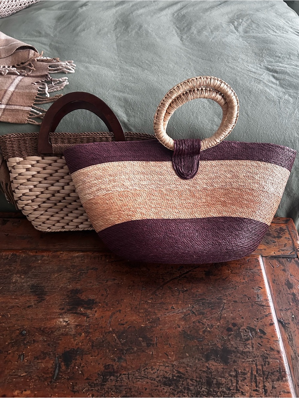 Set of Two Woven Two-Tone Straw Tote Bag in Browns and Natural, One is Pegabo